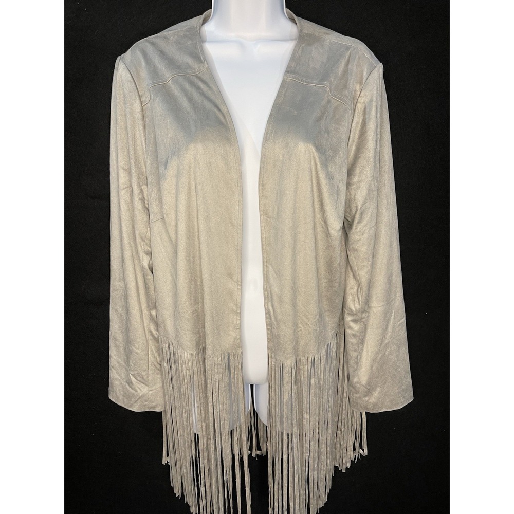Chicos 2 Faux Suede Fringed Jacket Gray Boho Hippie  Quiet Luxury Western Festiv - Picture 3 of 9